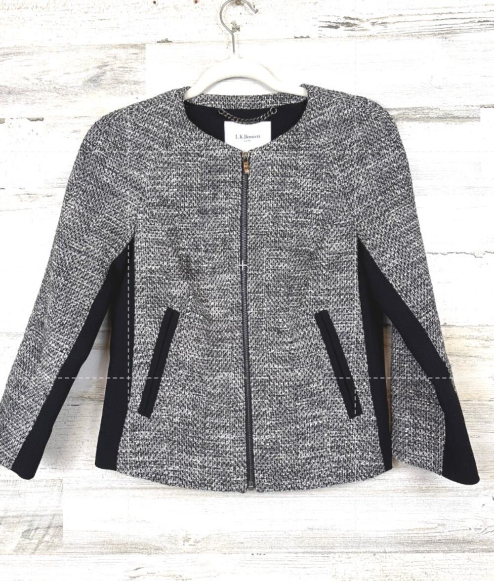 L.K. Bennett Womens 2 Black Gray Tweed Cynthia Flare Mini Skirt Suit Jacket Luxe